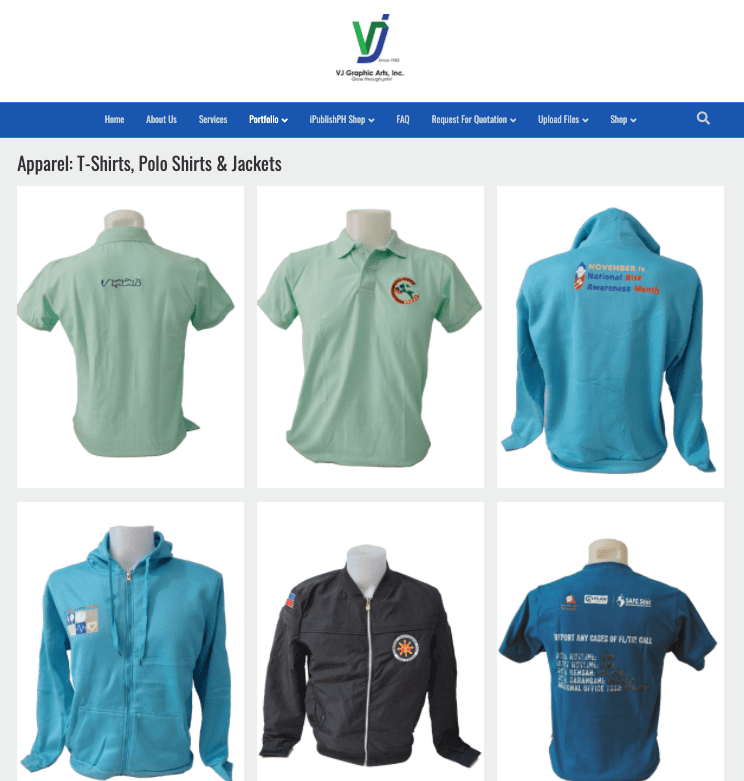 VJ Graphics Apparel Website Page