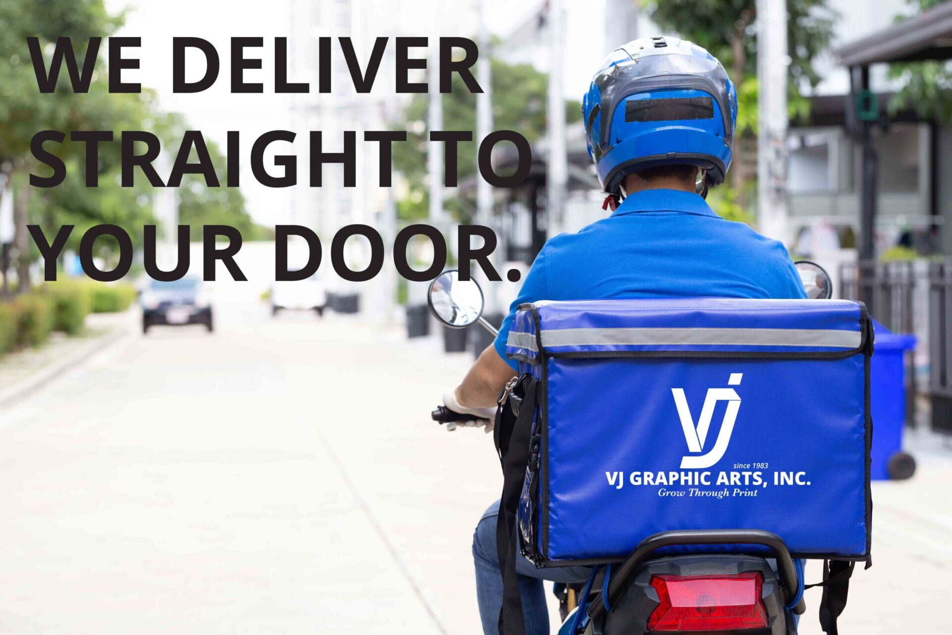 Delivery man wearing blue uniform riding motorcycle and delivery